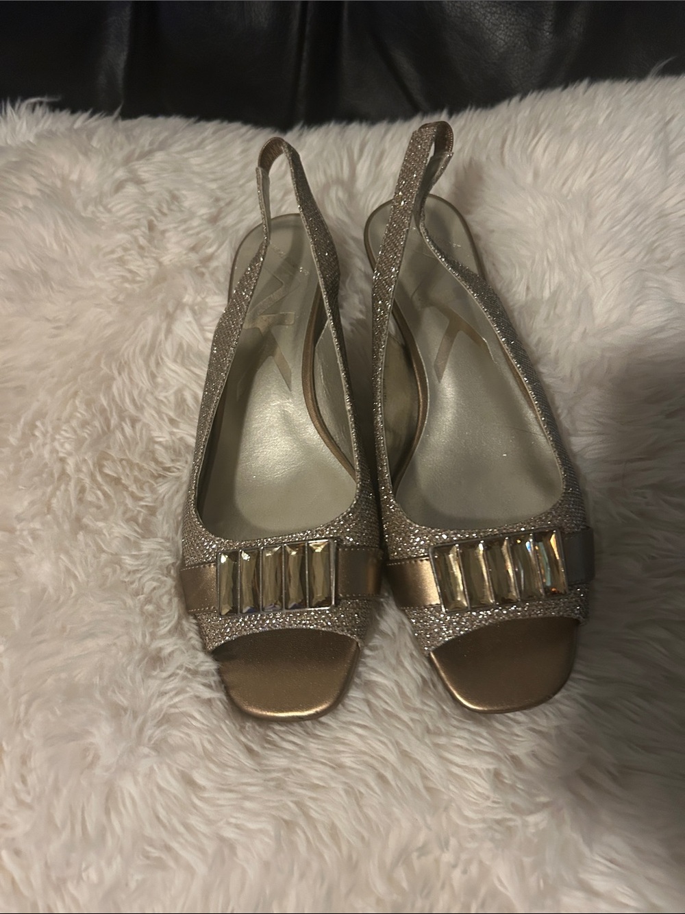 Anne Klein Sport Gold Glitter Slingback Peep-Toe Heels with Decorative Stones